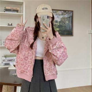 Leopard Print Cropped Zip-up Hoodie