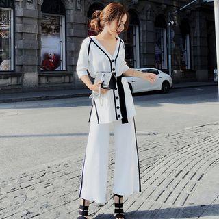 Set: V-neck Blouse + Wide Leg Pants + Belt