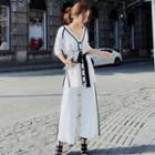 Set: V-neck Blouse + Wide Leg Pants + Belt