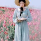 Crinkled Long-sleeve Midi A-line Dress