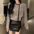 Asymmetrical Cropped Double-breasted Jacket / Faux Leather Mini Pencil Skirt