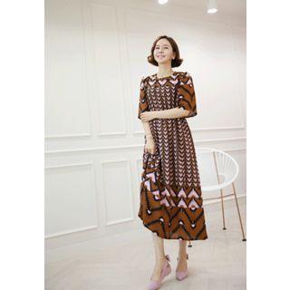 Elbow-sleeve Patterned Long Dress