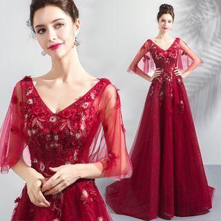 Short-sleeve Embellished Open-back A-line Gown