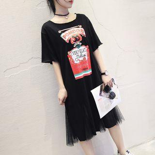 Printed Elbow Sleeve Mesh Hem Midi T-shirt Dress