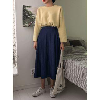 Band-waist Denim Long Flare Skirt