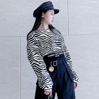 Long-sleeve Zebra Print T-shirt / Lettering Camisole Top T-shirt - Stripes - Black & White - One Size / Camisole Top - Black - One Size