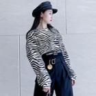 Long-sleeve Zebra Print T-shirt / Lettering Camisole Top T-shirt - Stripes - Black & White - One Size / Camisole Top - Black - One Size