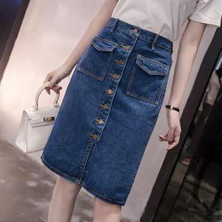 High-waist Single Breasted Pocket Detail Denim A-line Skirt