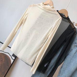 Mock-neck Plain Sheer T-shirt
