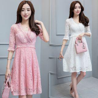 Elbow-sleeve A-line V-neck Plain Panel Slim Lace Dress
