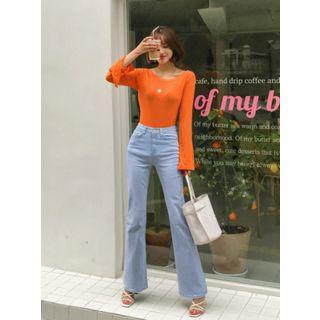 Scoop-neck Slit-cuff Slim T-shirt