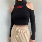Embroidered Cold-shoulder Long-sleeve Cropped Top