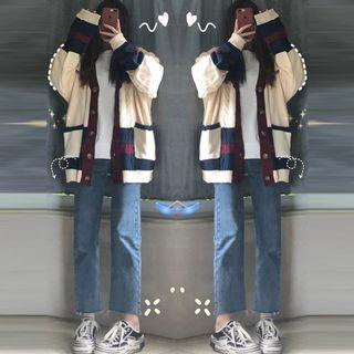 Color Block Cardigan / Straight Leg Jeans / Long-sleeve T-shirt / Set