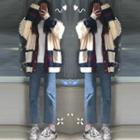 Color Block Cardigan / Straight Leg Jeans / Long-sleeve T-shirt / Set