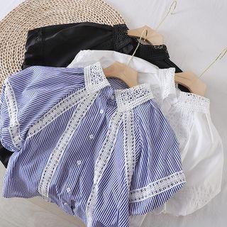 Lace Cutout Panel Striped Puff-sleeve Top