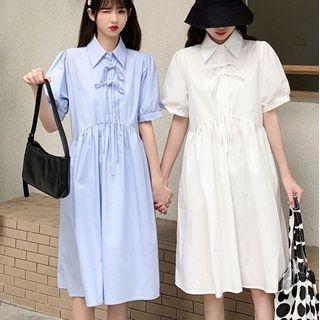 Short-sleeve Plain A-line Shirtdress