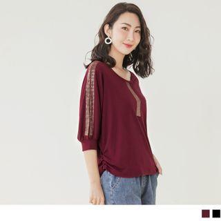 Rhinestone Elbow-sleeve Round Neck Top