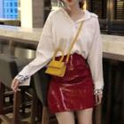 Embroidered Shirt / Faux Leather Mini A-line Skirt