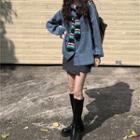 Striped Cape / Denim Loose-fit Shirt / Plaid Skirt