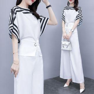 Set: Short-sleeve Striped Blouse + Wide-leg Pants