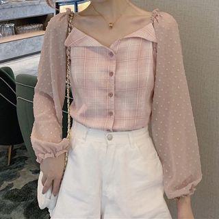 Long-sleeve Chiffon-panel Plaid Top