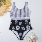 Striped Panel Floral Print Swimsuit