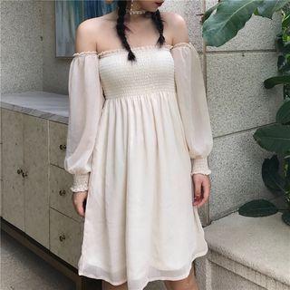 Ruffled Puff Long-sleeve Chiffon Dress