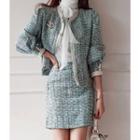 Set: Puff-sleeve Tweed Cardigan + A-line Mini Skirt