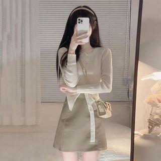 Set: Plain Slit Knit Cardigan + Mini A-line Skirt