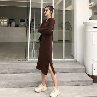 Hooded Long-sleeve Knit Midi Dress