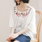 Elbow-sleeve Embroidered Tunic White - One Size
