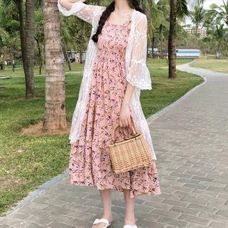 Spaghetti Strap Printed Midi A-line Dress / Lace Jacket