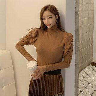 Turtleneck Puff-shoulder Fitted Top