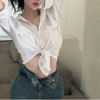 Elbow-sleeve Cropped Shirt White - One Size