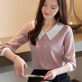 Long-sleeve Faux Pearl Chiffon Blouse