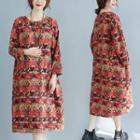 Patterned Long-sleeve Midi A-line Dress Patterned - Red - One Size