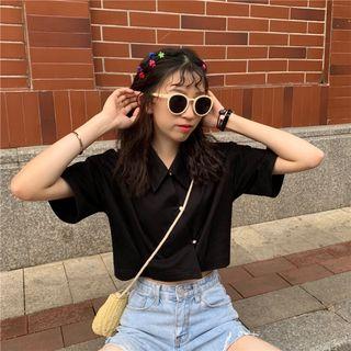 Short-sleeve Buttoned Cropped Shirt Black - One Size