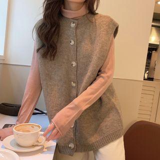 Turtleneck Long-sleeve Top / Button Knit Vest