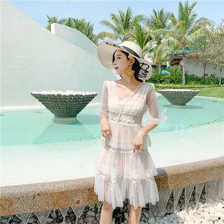 Elbow-sleeve Sheer Tiered Dress