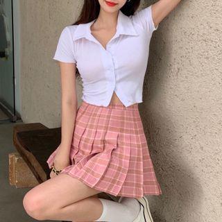 Plaid Pleated Mini A-line Skirt / Short-sleeve Button-up Top