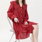Collared Bell-sleeve A-line Dress Red - One Size