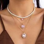 Set Of 3: Rhinestone Faux Pearl Necklace 3316 - Gold - One Size