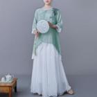 3/4-sleeve Flower Embroidered Blouse / Maxi A-line Skirt