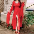 Set: Long-sleeve Lace Trim Midi A-line Dress + Shawl