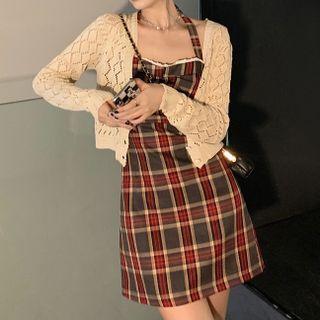Halter-neck Plaid A-line Dress / Pointelle Knit Cardigan