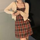 Halter-neck Plaid A-line Dress / Pointelle Knit Cardigan