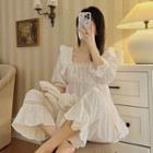 Set: Puff-sleeve Lace Ruffle Top + Pants
