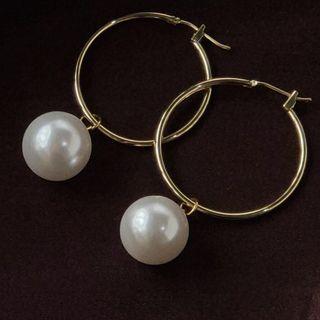 Faux Pearl Alloy Hoop Dangle Earring B-950 - 1 Pair - Gold - One Size