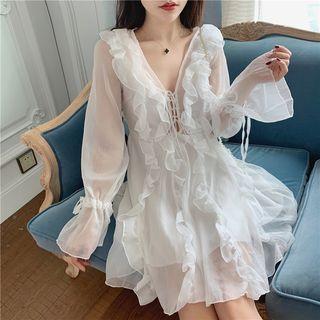 V-neck Ruffle Trim Long-sleeve A-line Dress As Shown In Figure - One Size