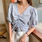 Short-sleeve Plaid Drawcord Top